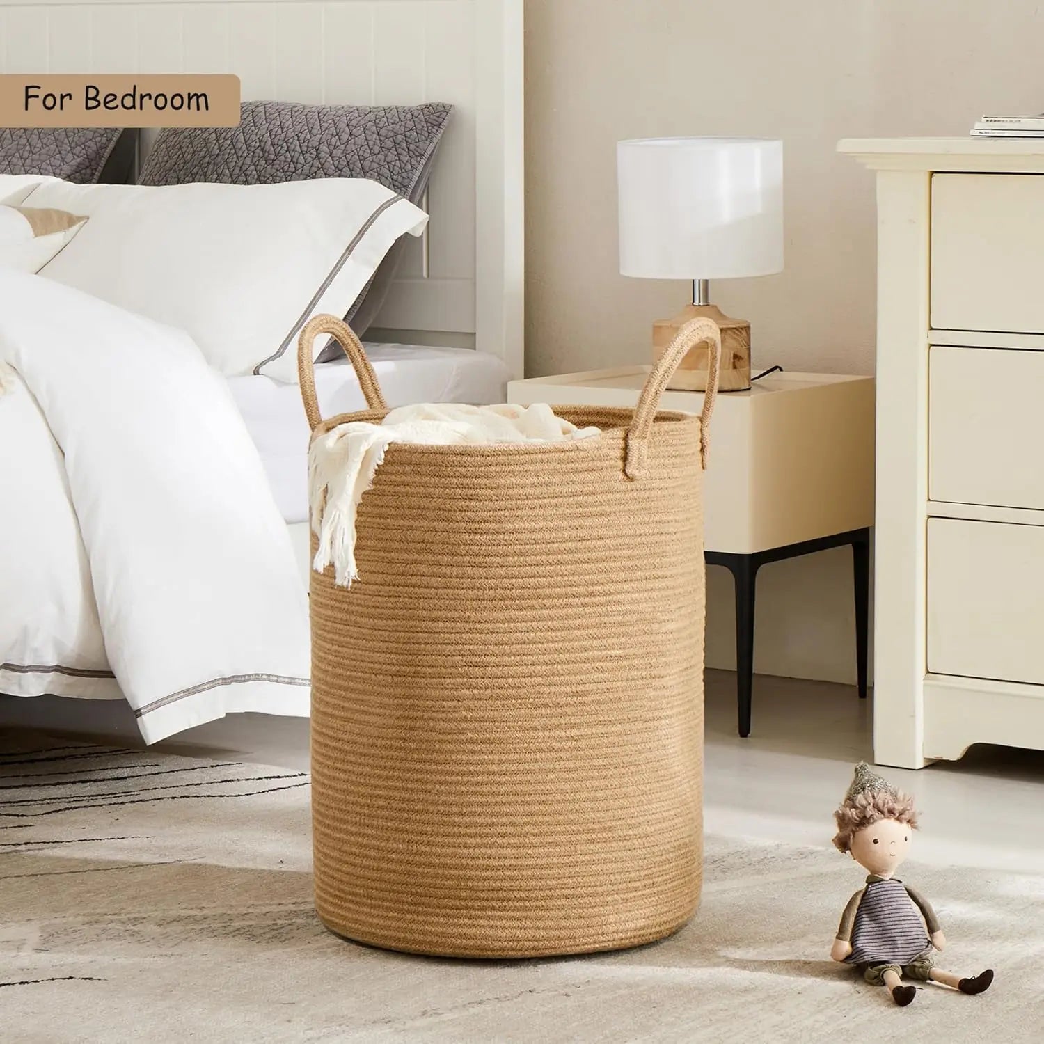 60L Jute Woven Laundry Basket, Tall Rattan Hamper for Living Room Bedroom, 15Dx20H inches