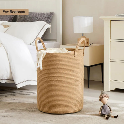 60L Jute Woven Laundry Basket, Tall Rattan Hamper for Living Room Bedroom, 15Dx20H inches