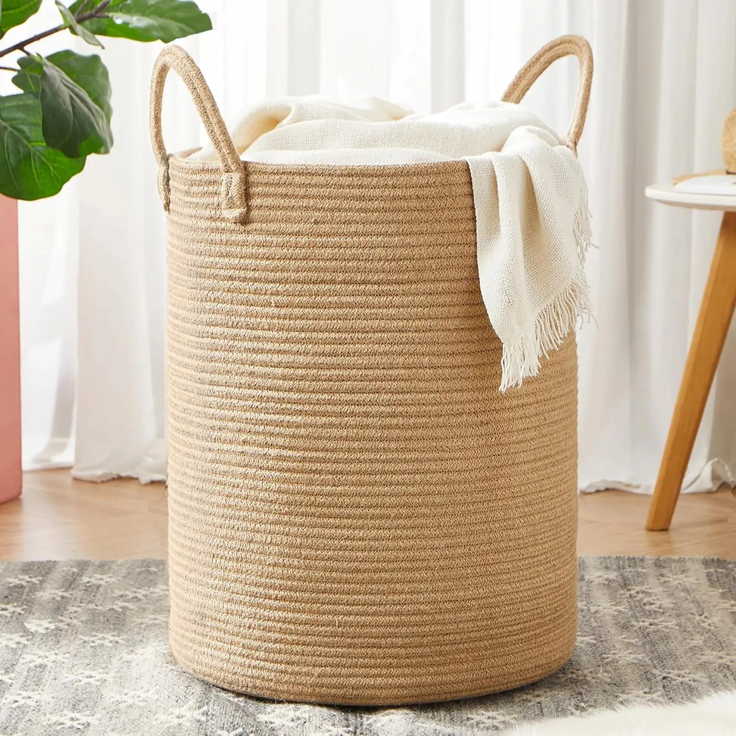 60L Jute Woven Laundry Basket, Tall Rattan Hamper for Living Room Bedroom, 15Dx20H inches