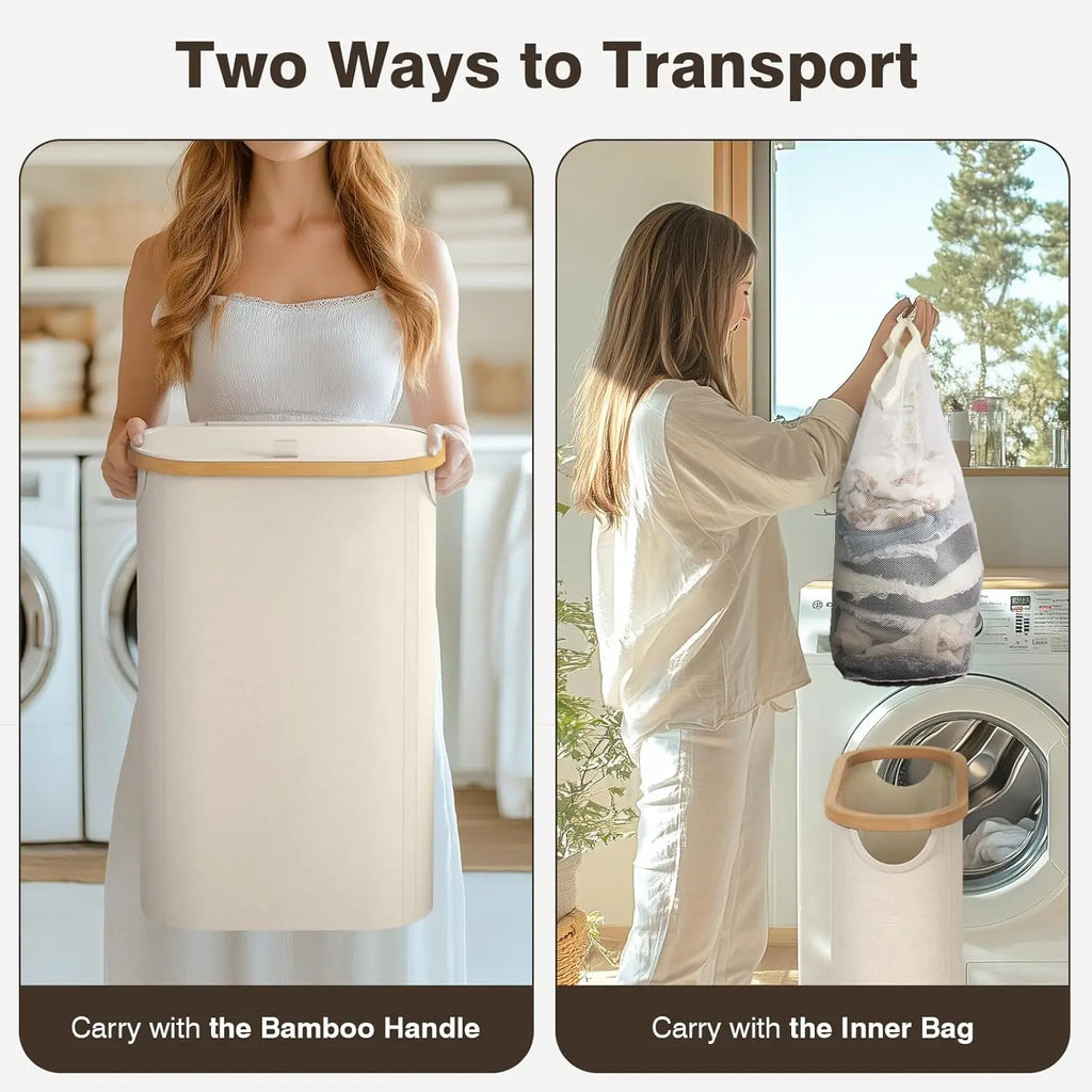 Slim Laundry Hamper with Lid, 60L Small Basket Handles Removable Bag, Thin Dirty Clothes Hampers for Bedroom Aesthetic Beige