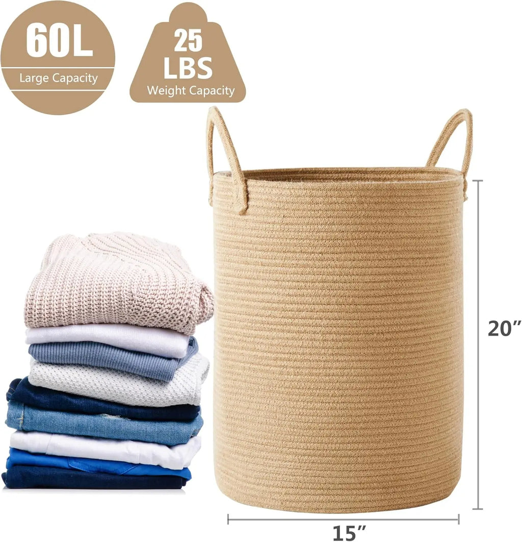 60L Jute Woven Laundry Basket, Tall Rattan Hamper for Living Room Bedroom, 15Dx20H inches