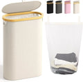 Slim Laundry Hamper with Lid, 60L Small Basket Handles Removable Bag, Thin Dirty Clothes Hampers for Bedroom Aesthetic Beige