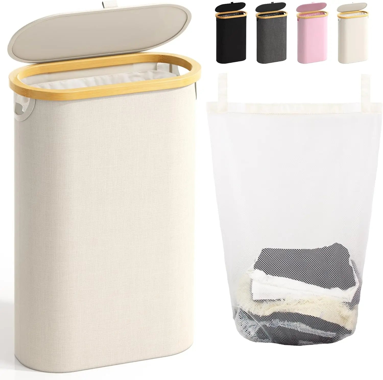 Slim Laundry Hamper with Lid, 60L Small Basket Handles Removable Bag, Thin Dirty Clothes Hampers for Bedroom Aesthetic Beige