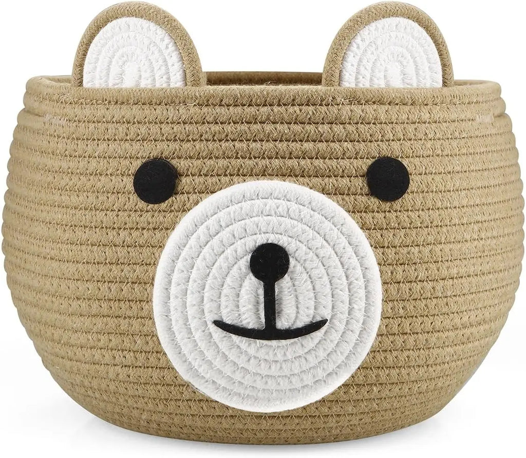 Cotton Rope Baby Basket with Bear Design for Nursery Storage and Laundry Organizer, Brown