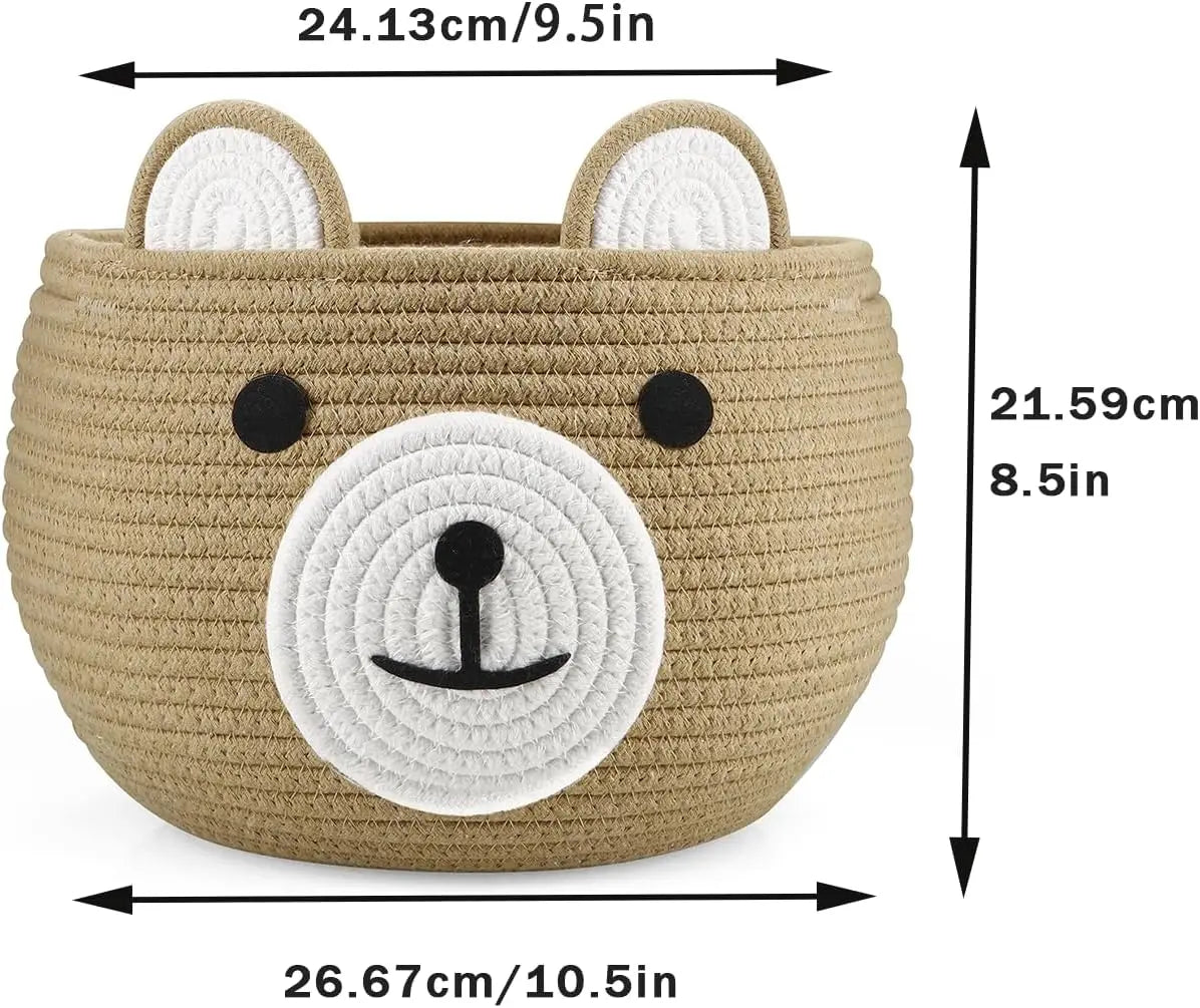 Cotton Rope Baby Basket with Bear Design for Nursery Storage and Laundry Organizer, Brown