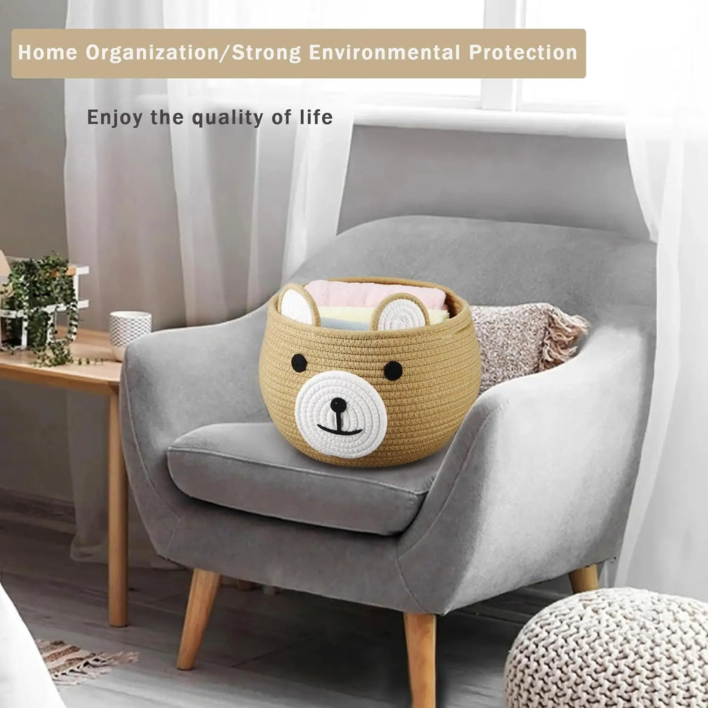 Cotton Rope Baby Basket with Bear Design for Nursery Storage and Laundry Organizer, Brown