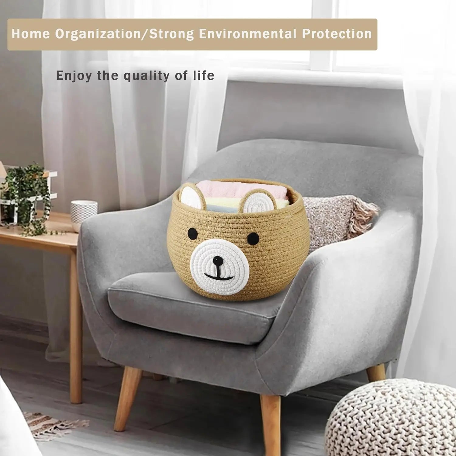 Cotton Rope Baby Basket with Bear Design for Nursery Storage and Laundry Organizer, Brown